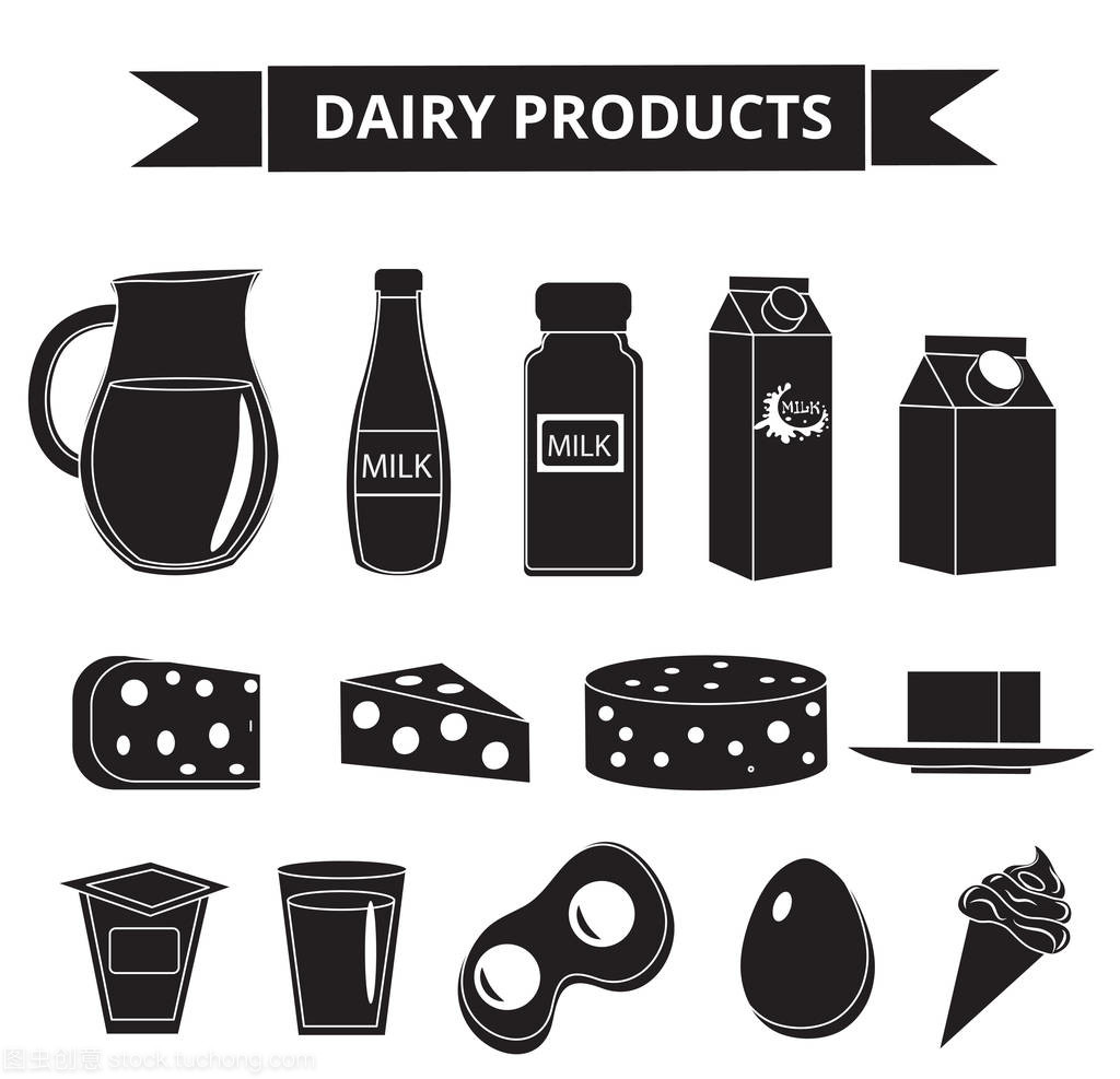 乳制品图标设置轮廓样式。孤立在白色背景上的牛奶。和奶酪集合。农场的食物。矢量图