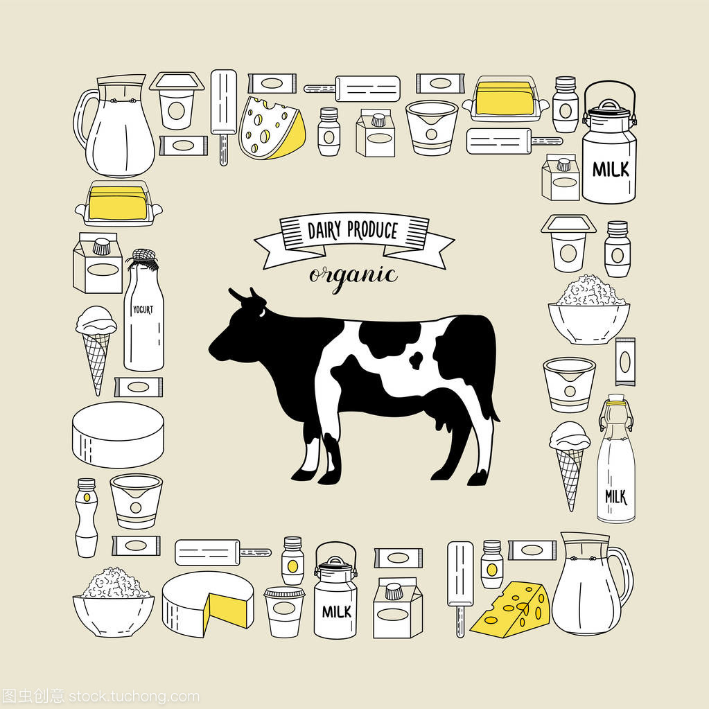 矢量图的母牛,牛奶产品设置